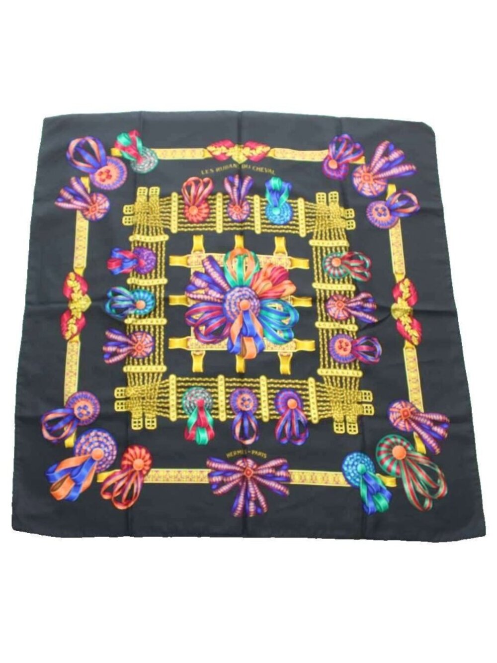 Hermes Carre 90 les Rubans du Cheval Scarf Large All Over Print Black Multicolor